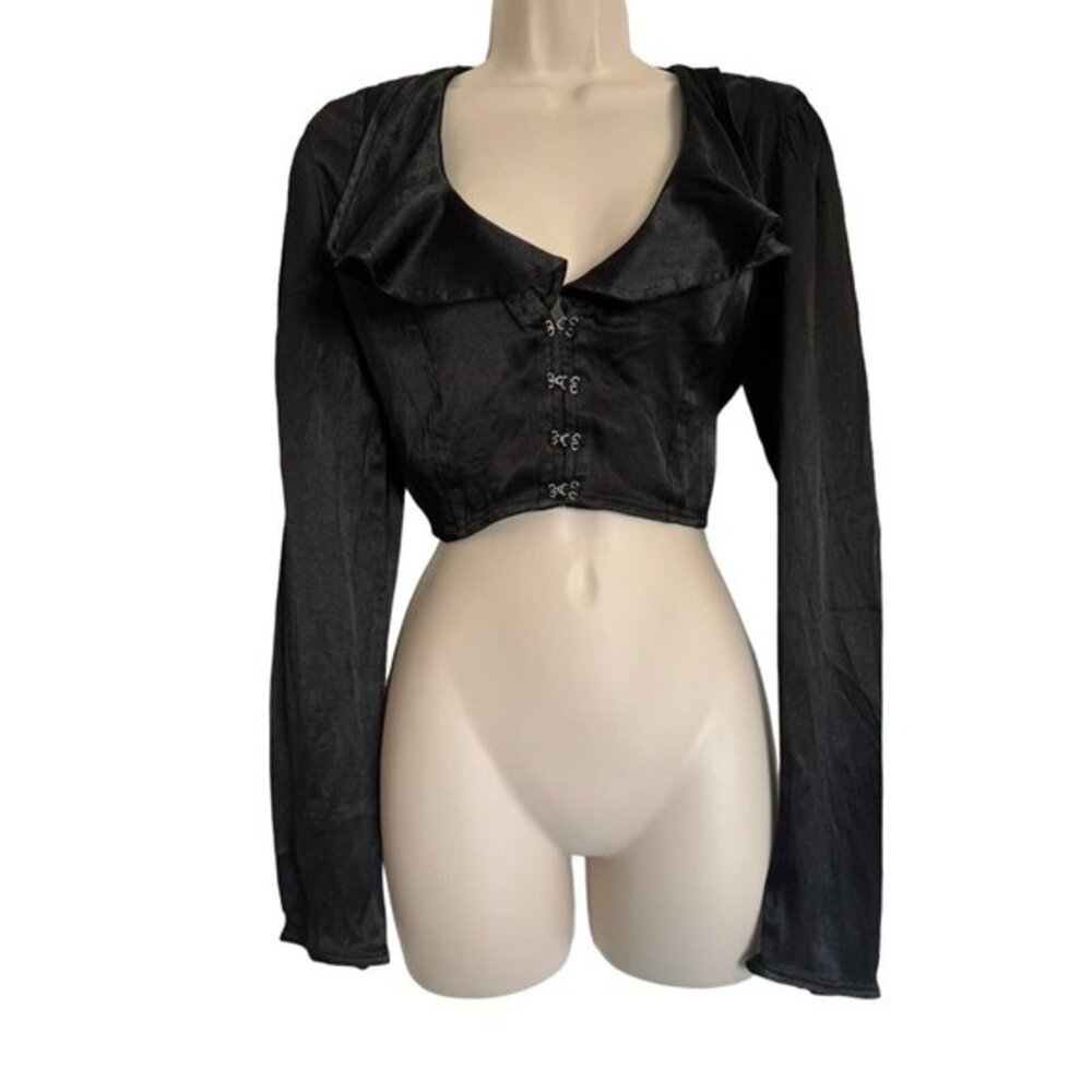 Free People Blouse XS Stretch Black Shirt Crop Top Long Sleeve Clip Hook Ruffles
